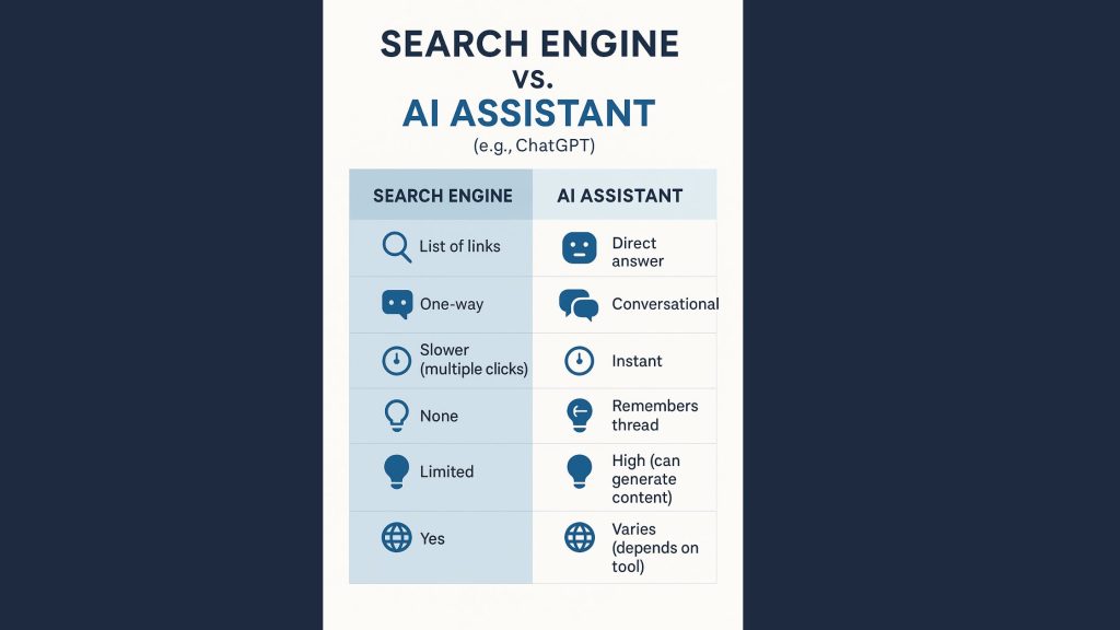 A side-by-side infographic titled "Search Engine vs. AI Assistant (e.g., ChatGPT)" comparing the two across six features. On the left, the "Search Engine" column includes: List of links, One-way, Slower (multiple clicks), None (no memory), Limited (creativity), and Yes (real-time data). On the right, the "AI Assistant" column includes: Direct answer, Conversational, Instant, Remembers thread, High (can generate content), and Varies (depends on tool). Icons accompany each point, with blue and gray tones throughout the design.